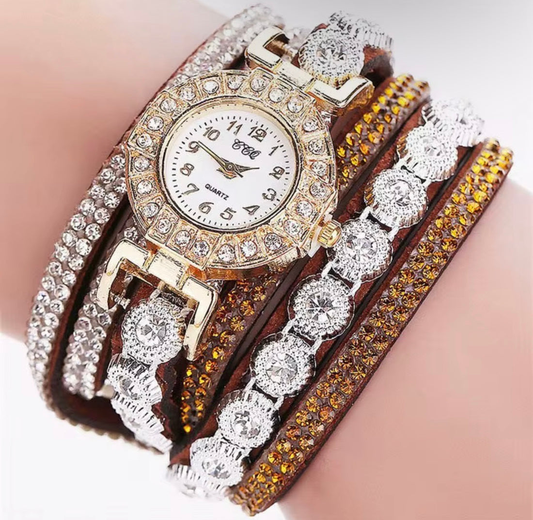 ⁠Women's Luxury Rhinestone Multi-Row Leather Wrap Watch⁠